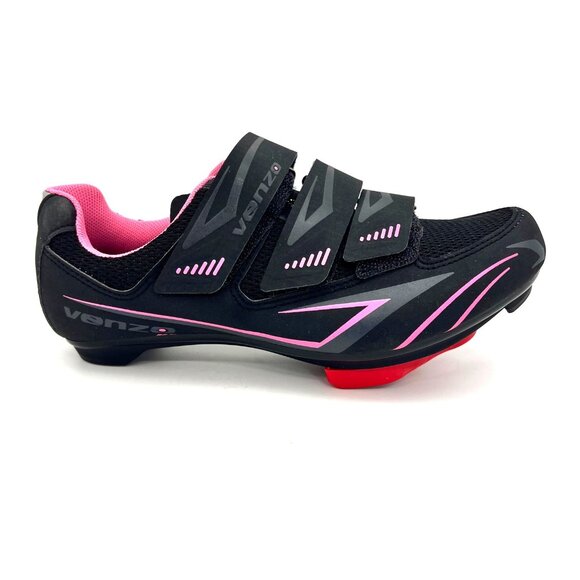 Venzo MX Womens Cycling Shoes Size 5.5 Black Pink Ventilated Three Straps Clips - Picture 11 of 16